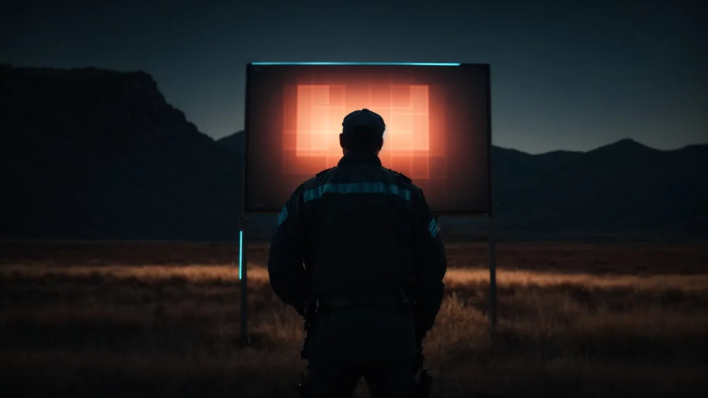 a security guard stands watch over a glowing screen displaying a shield icon amidst a dark, digital landscape.