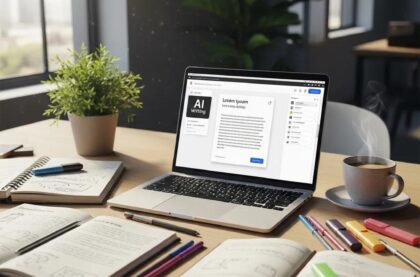 Modern workspace with laptop showcasing AI writing tools, emphasizing productivity and creativity