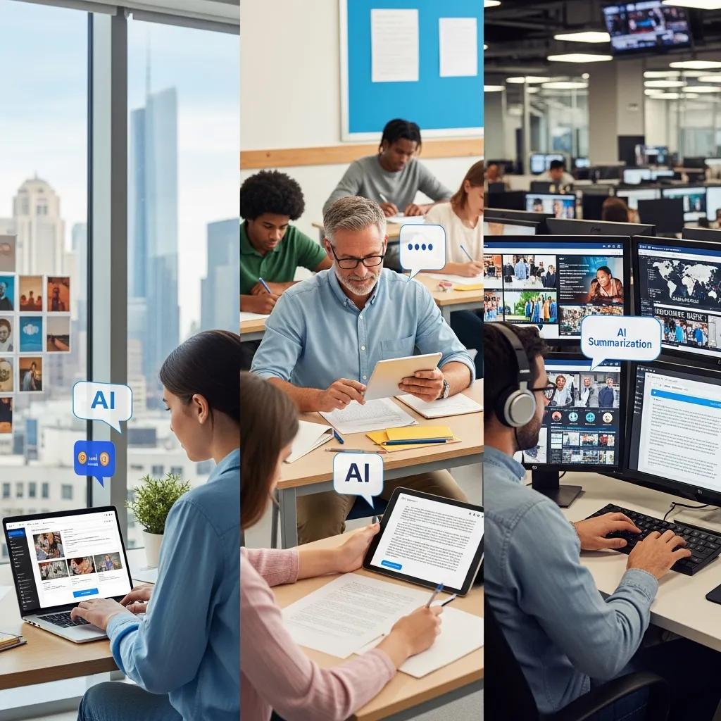 Diverse professionals utilizing AI writing tools in various industries, showcasing versatility and collaboration