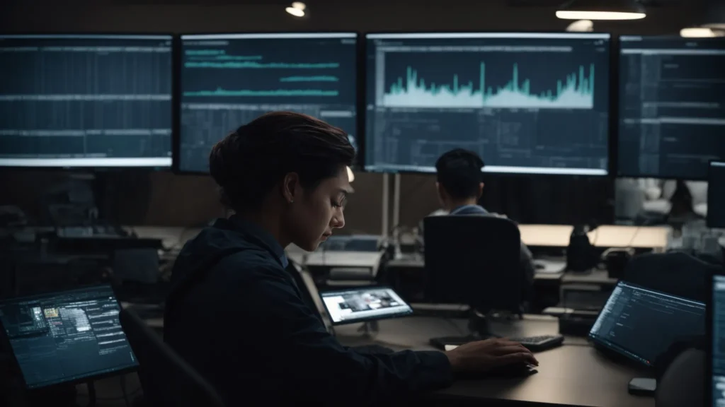 a person sitting at a computer with graphics of ai tools on the screen in a well-lit office space.