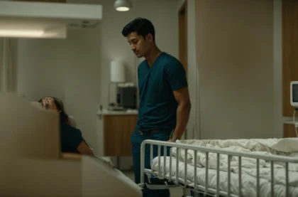 a newborn baby cradled in a hospital room, with a concerned parent beside the crib.