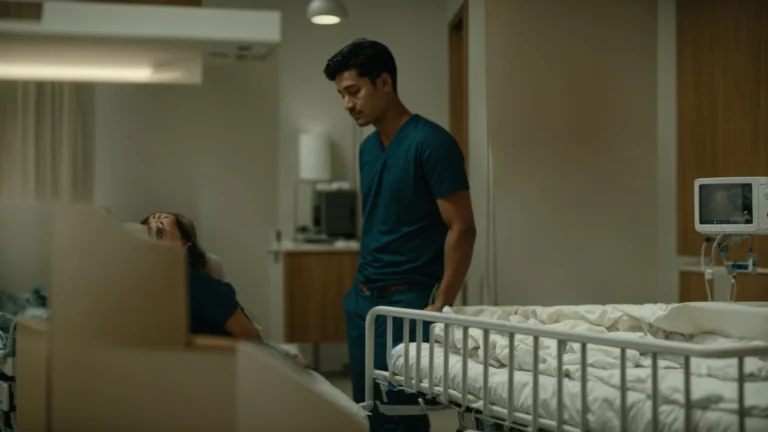 a newborn baby cradled in a hospital room, with a concerned parent beside the crib.