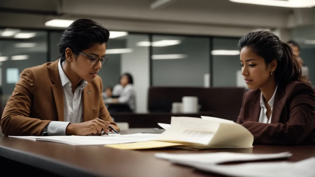 two individuals engage intently in conversation across a table in an office setting, with legal documents scattered around.