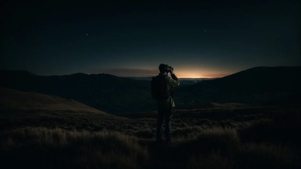a person stands in a dark landscape, holding a night vision monocular up to their eye, peering into the unseen.