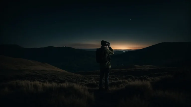 a person stands in a dark landscape, holding a night vision monocular up to their eye, peering into the unseen.
