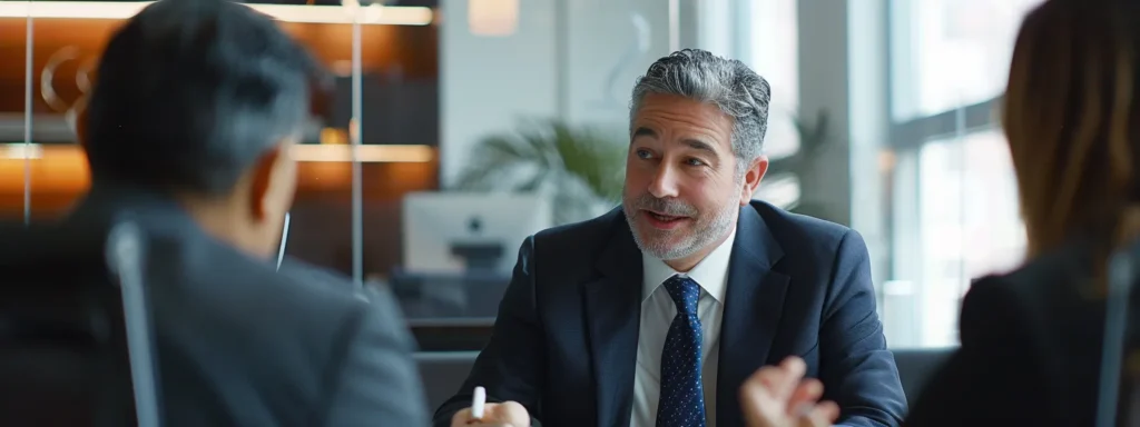 an attorney in a professional suit is confidently discussing a case with a client in a modern law office in massachusetts.