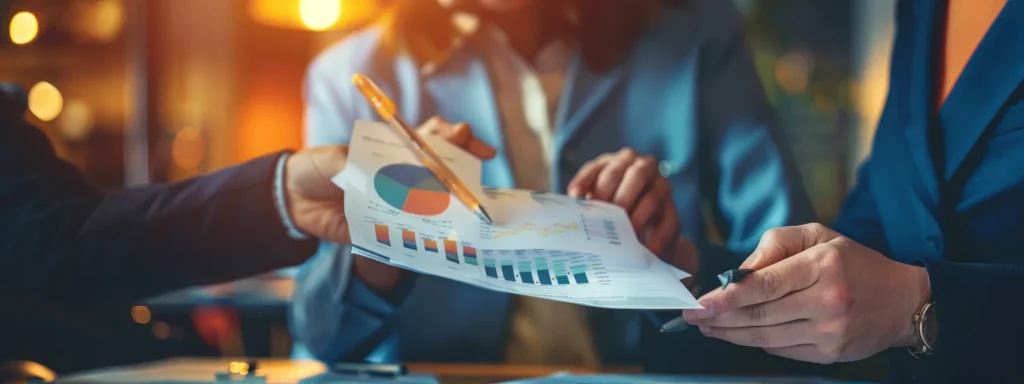 business professionals reviewing a detailed fee agreement with charts and graphs.