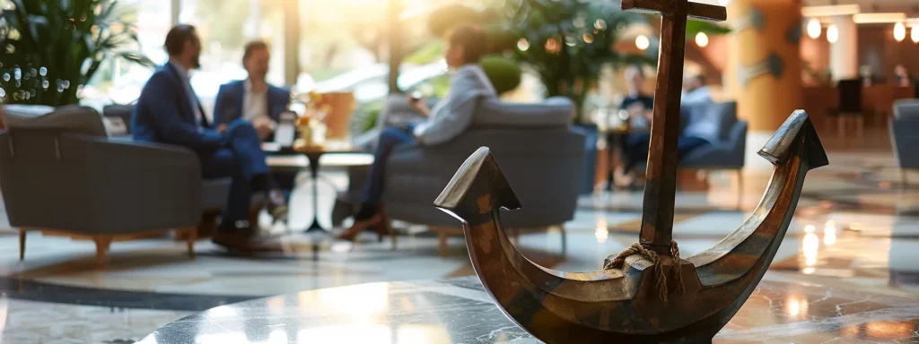 business professionals engaged in deep discussion around a large anchor, symbolizing the benefits of implementing bright path ishayas meditation in their daily routines for stress relief.