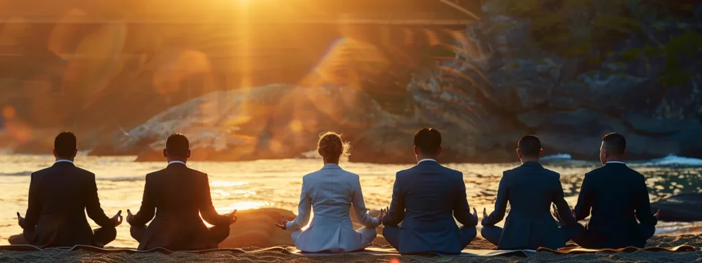 a group of professionals in suits meditating peacefully in a serene setting, connected to an anchor representing the bright path ishayas.