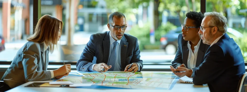 business professionals in discussion around a table with a map of raleigh, nc displayed prominently.