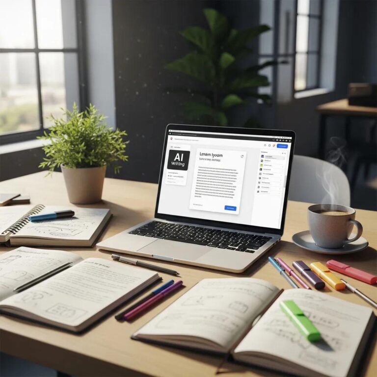 Modern workspace with laptop showcasing AI writing tools, emphasizing productivity and creativity