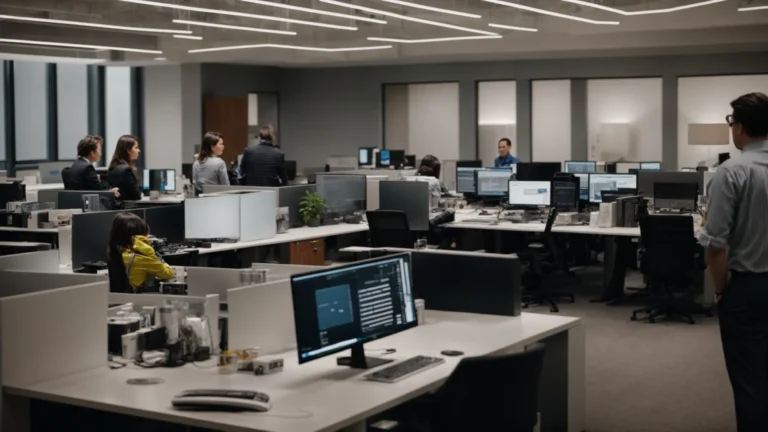 a modern office filled with computers and professionals in raleigh discussing strategies around a large screen.